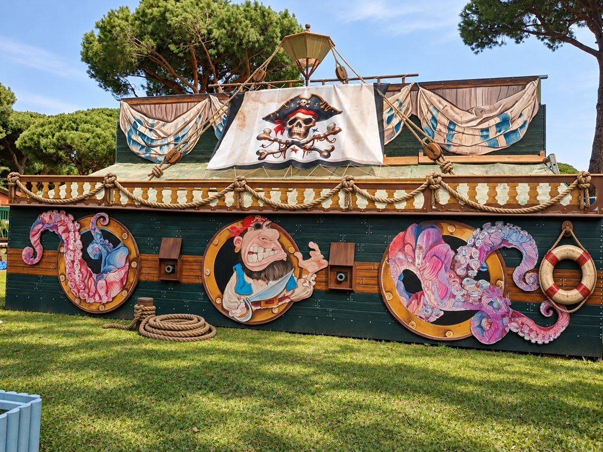 Grande scenografia a forma di nave pirata con bandiera, oblò dipinti, pirata e tentacoli di polpo
