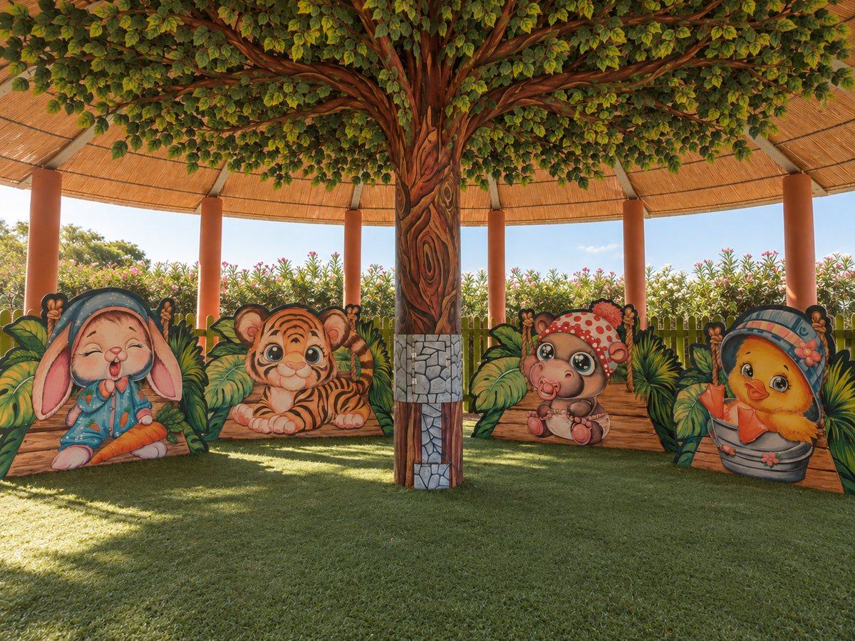 Baby club sotto un gazebo, con un grande albero dipinto al centro e sagome di cuccioli di animali illustrati a mano