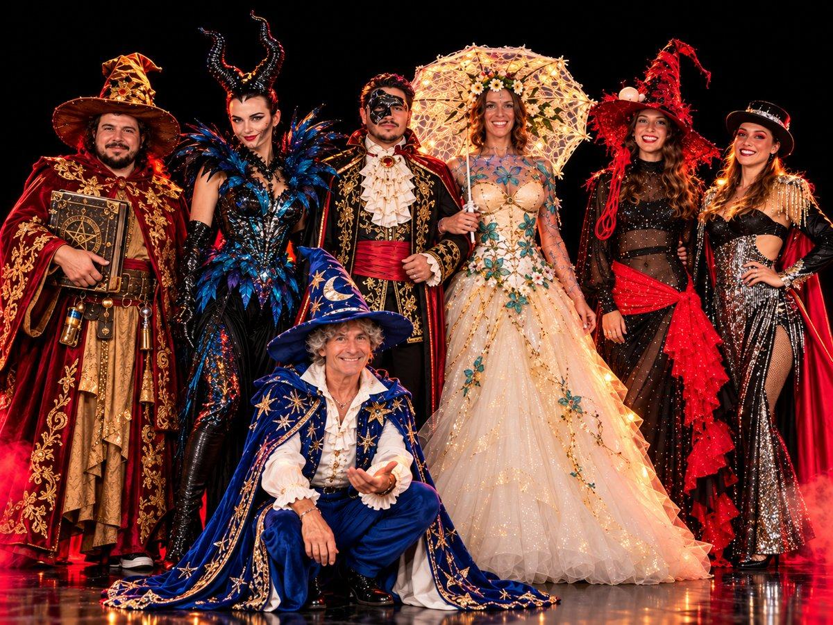 Il cast Dreamers in costume di scena: maghi, streghe, dama con ombrellino luminoso e personaggi fiabeschi