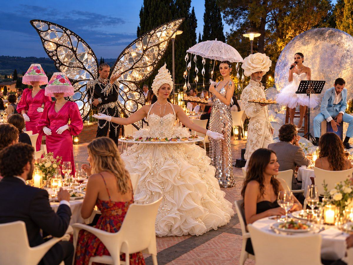 Dinner show in terrazza con performer in costumi scenografici, ali luminose e musica dal vivo tra i tavoli