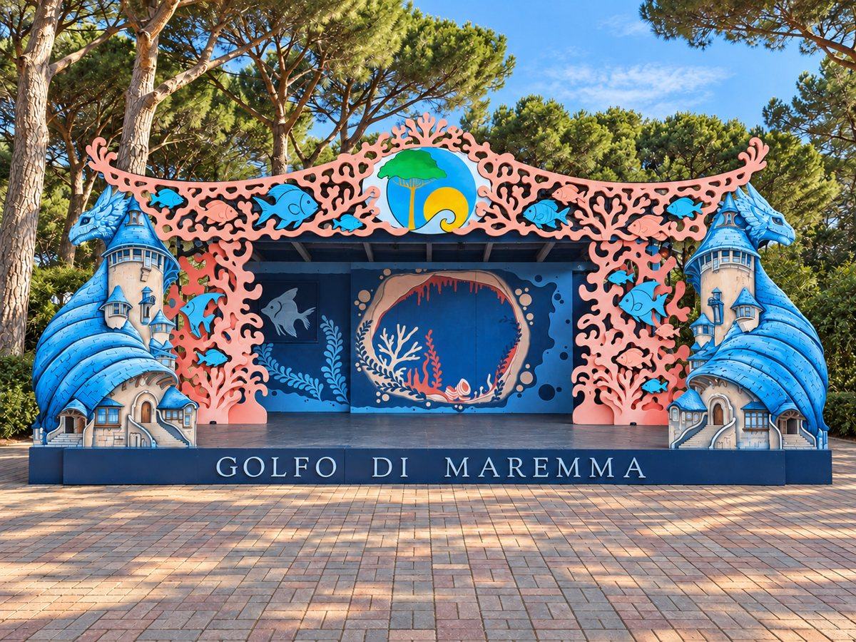 Palco del villaggio allestito a tema marino, con draghi, castelli, coralli e pesci scolpiti e dipinti