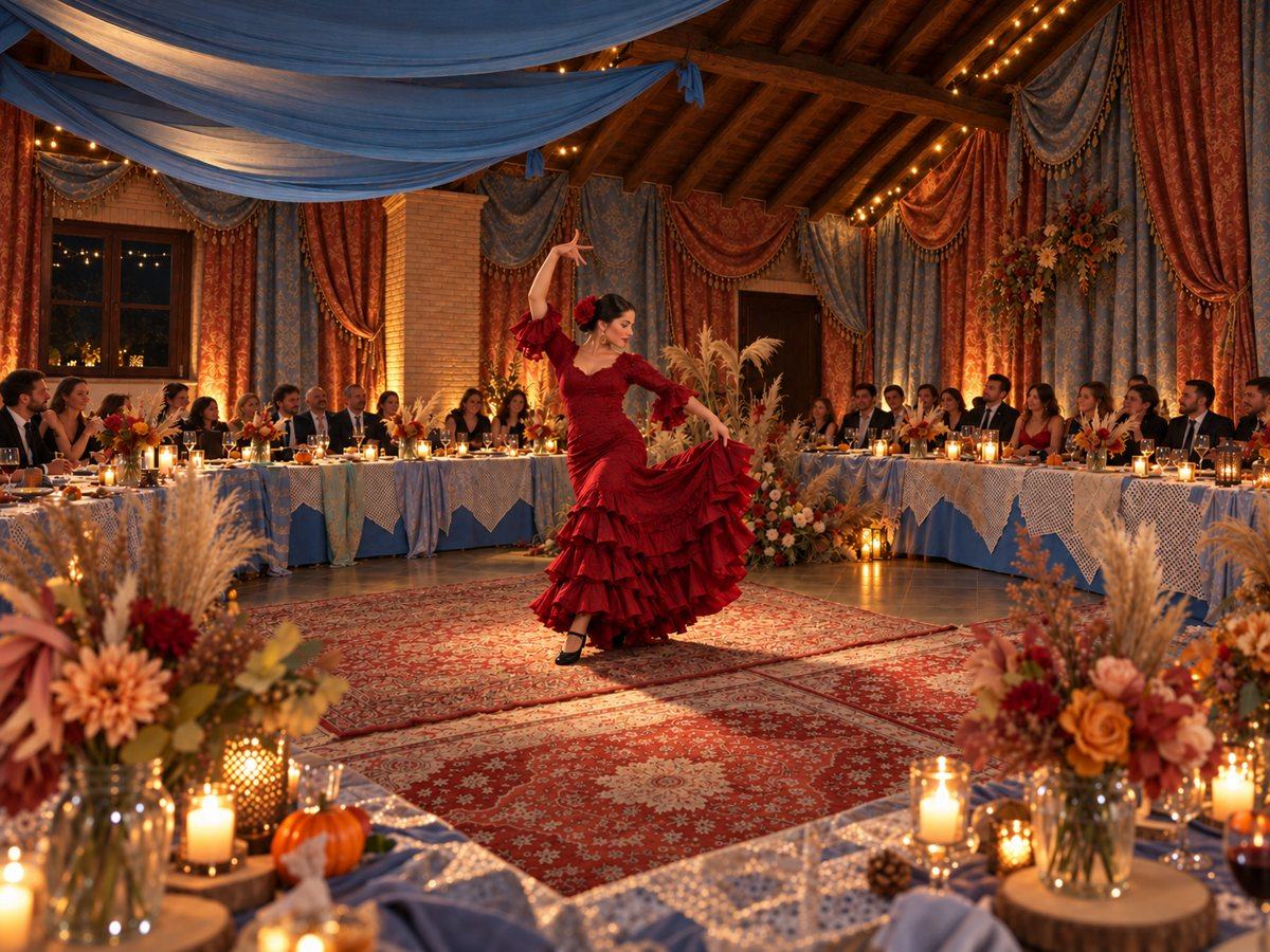 Ballerina di flamenco in abito rosso al centro della sala durante un matrimonio a tema gypsy