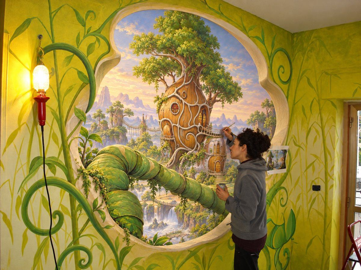 Pittrice Dreamers al lavoro su un grande murales fiabesco con una casa sull'albero, in un mini club dalle pareti verdi decorate