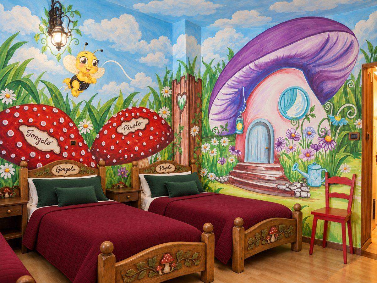 Camera per bambini decorata con murales fiabesco: funghi giganti, casetta, prato fiorito e letti in legno intagliato
