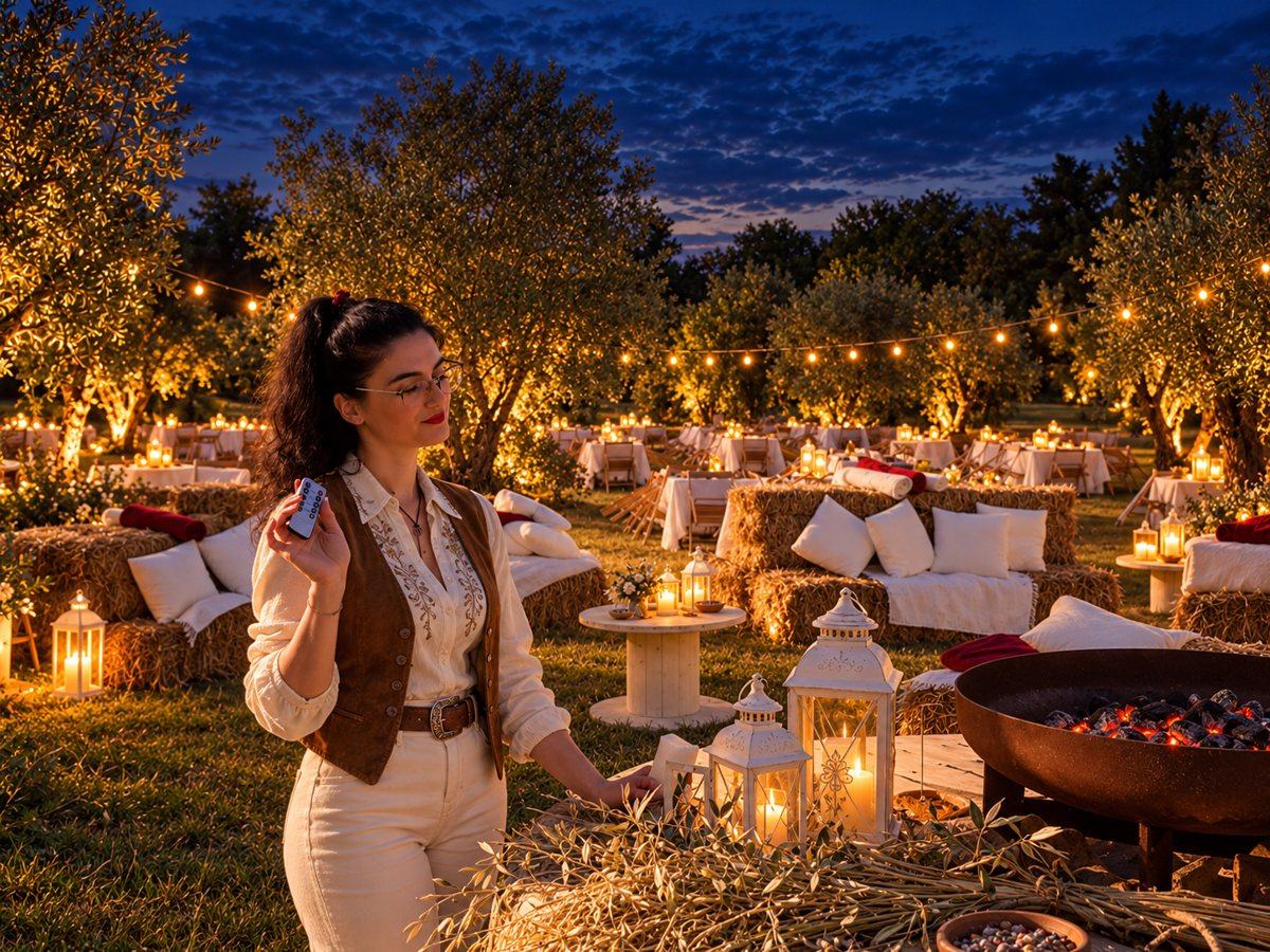 Allestimento country chic con lanterne, balle di paglia e braciere tra gli ulivi